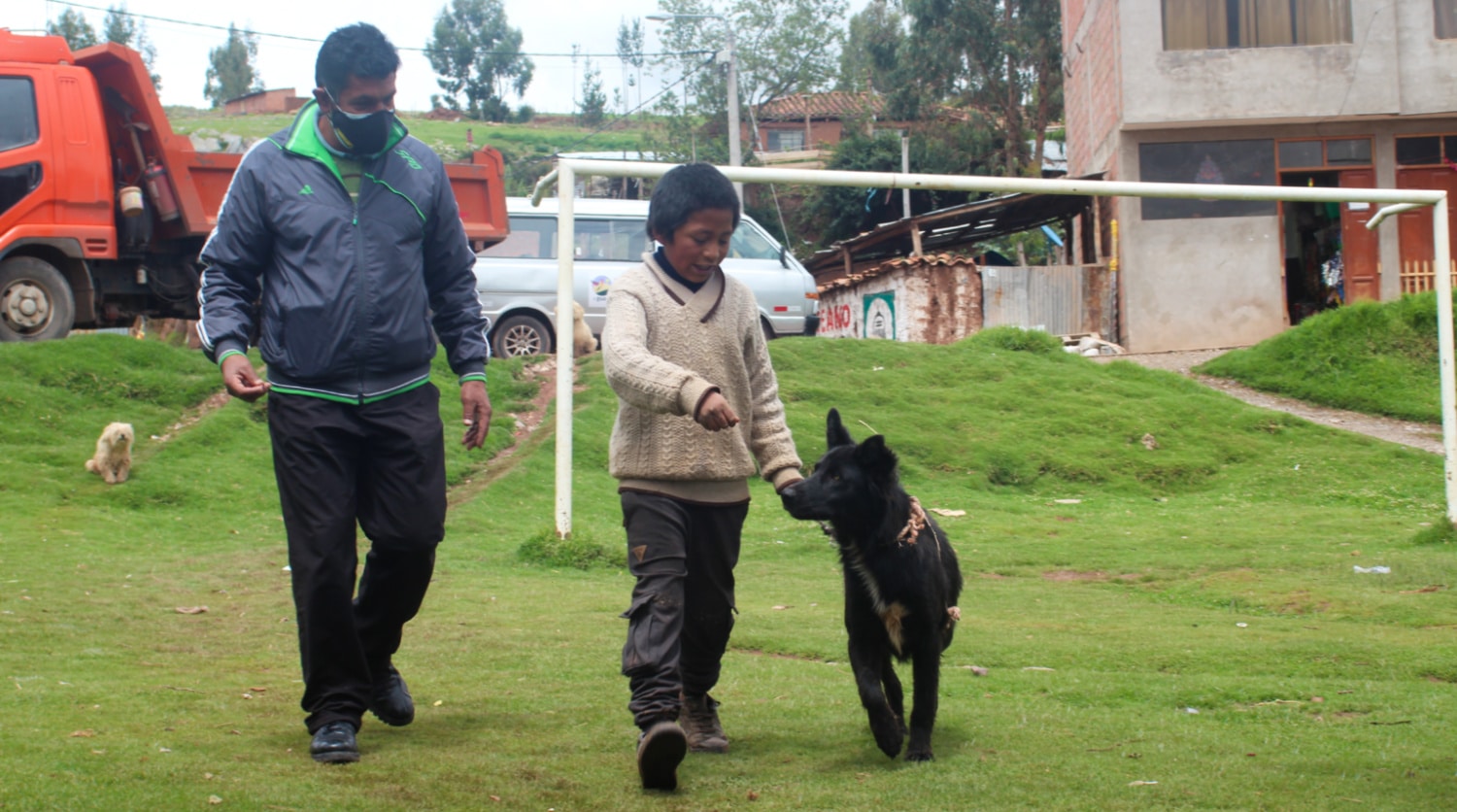 A child practices walking his dog on a lead the PAWS trainer walks on the right of a boy who is teaching his dog to walk on a lead with a treat in his hand