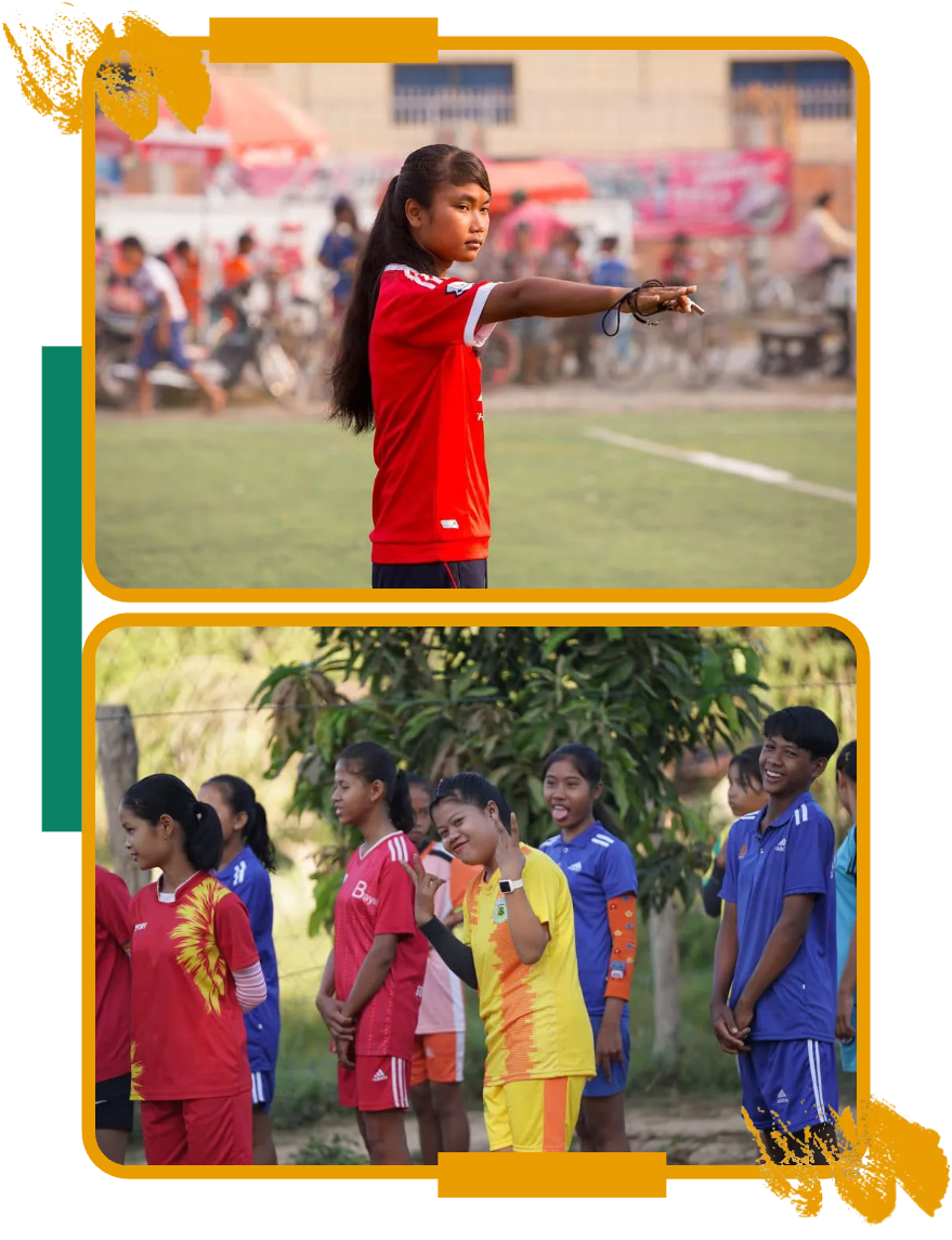 Young women playing football and lining up at a Goals for Girls sports session Young women playing football and lining up at a Goals for Girls sports session