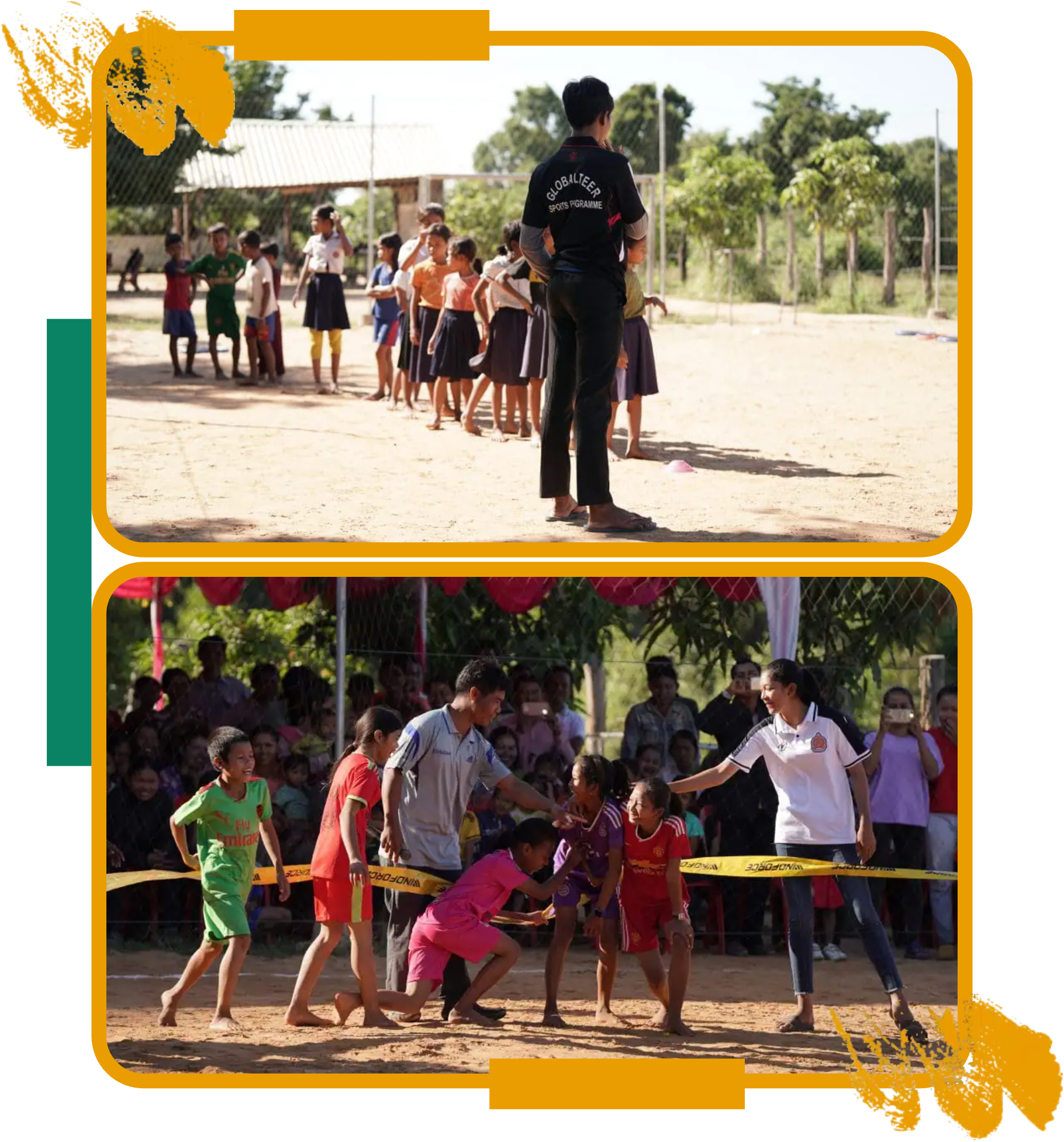 A Globalteer coach leading a PE session and children playing a team game in Siem Reap A Globalteer coach leading a PE session and children playing a team game in Siem Reap