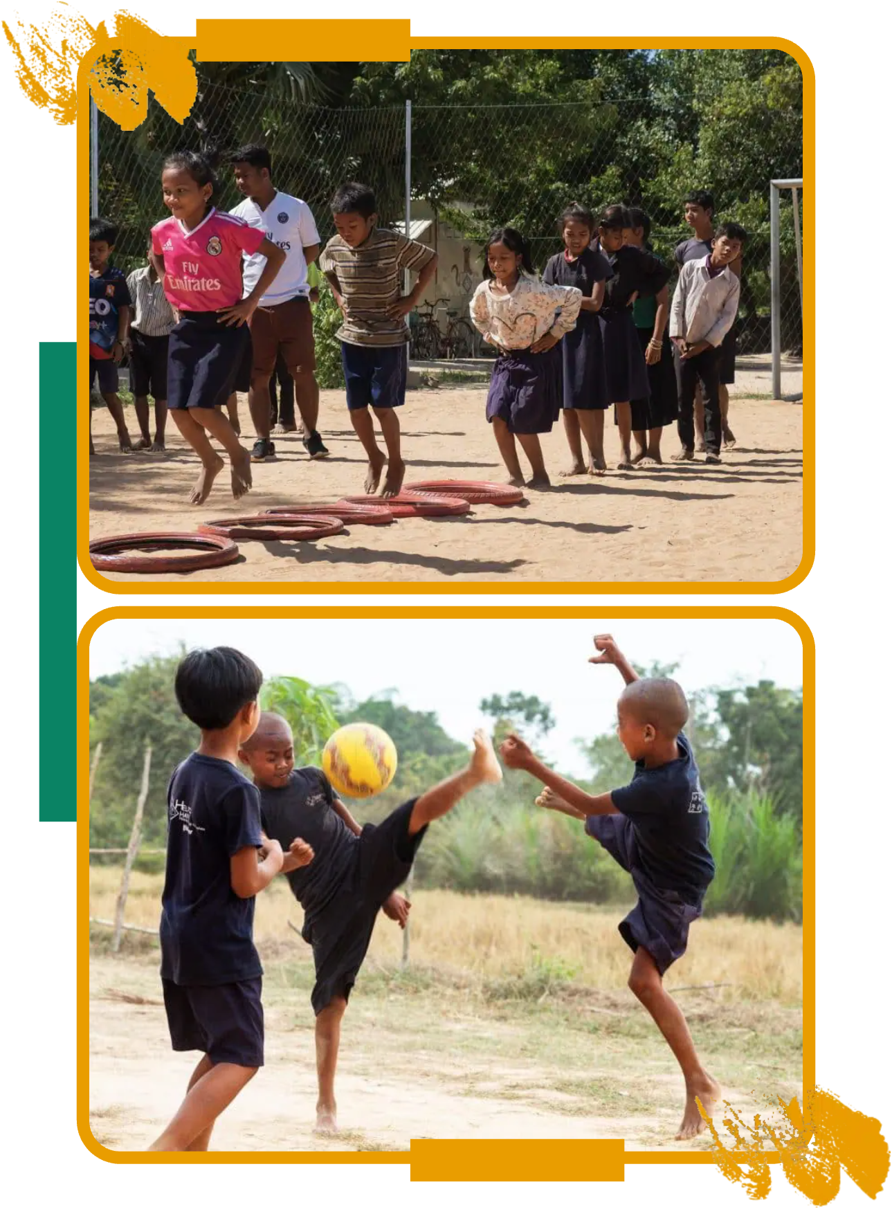 Children doing warm-up drills and kicking a ball in a physical education lesson in Cambodia Children doing warm-up drills and kicking a ball in a physical education lesson in Cambodia