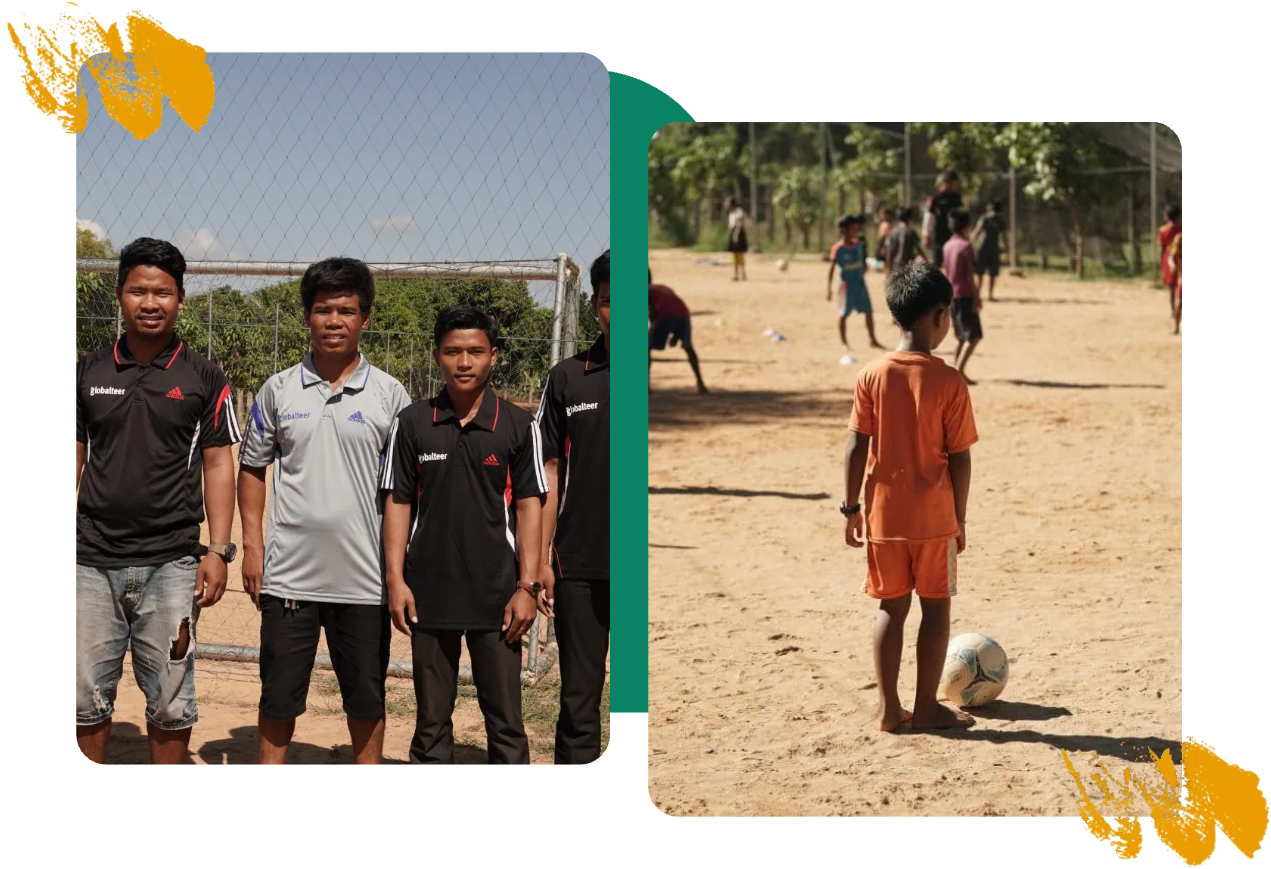 Globalteer sports coaches and a boy dribbling a football in a rural village Globalteer sports coaches and a boy dribbling a football in a rural village