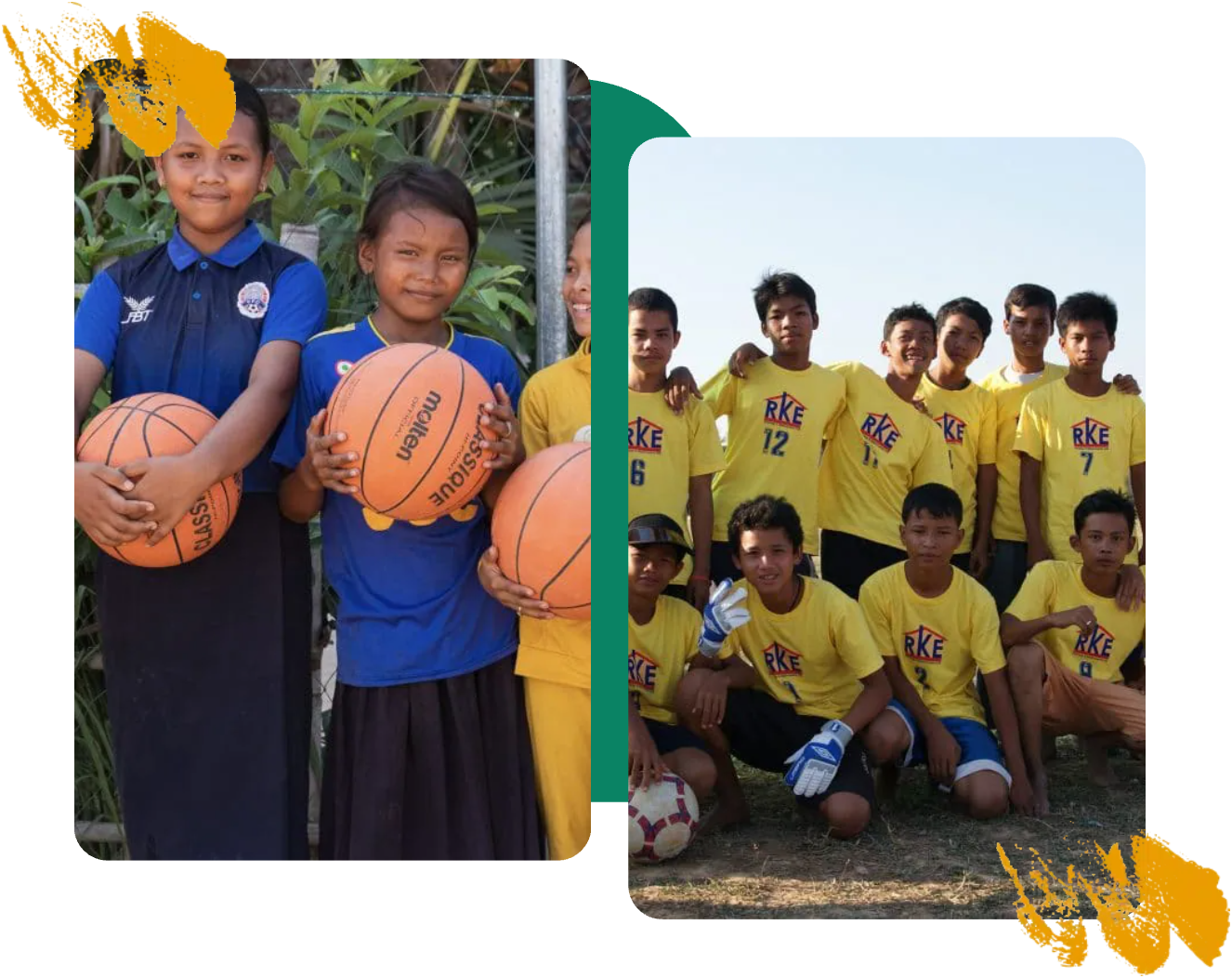 Girls holding basketballs and a youth football team posing with their coach Girls holding basketballs and a youth football team posing with their coach