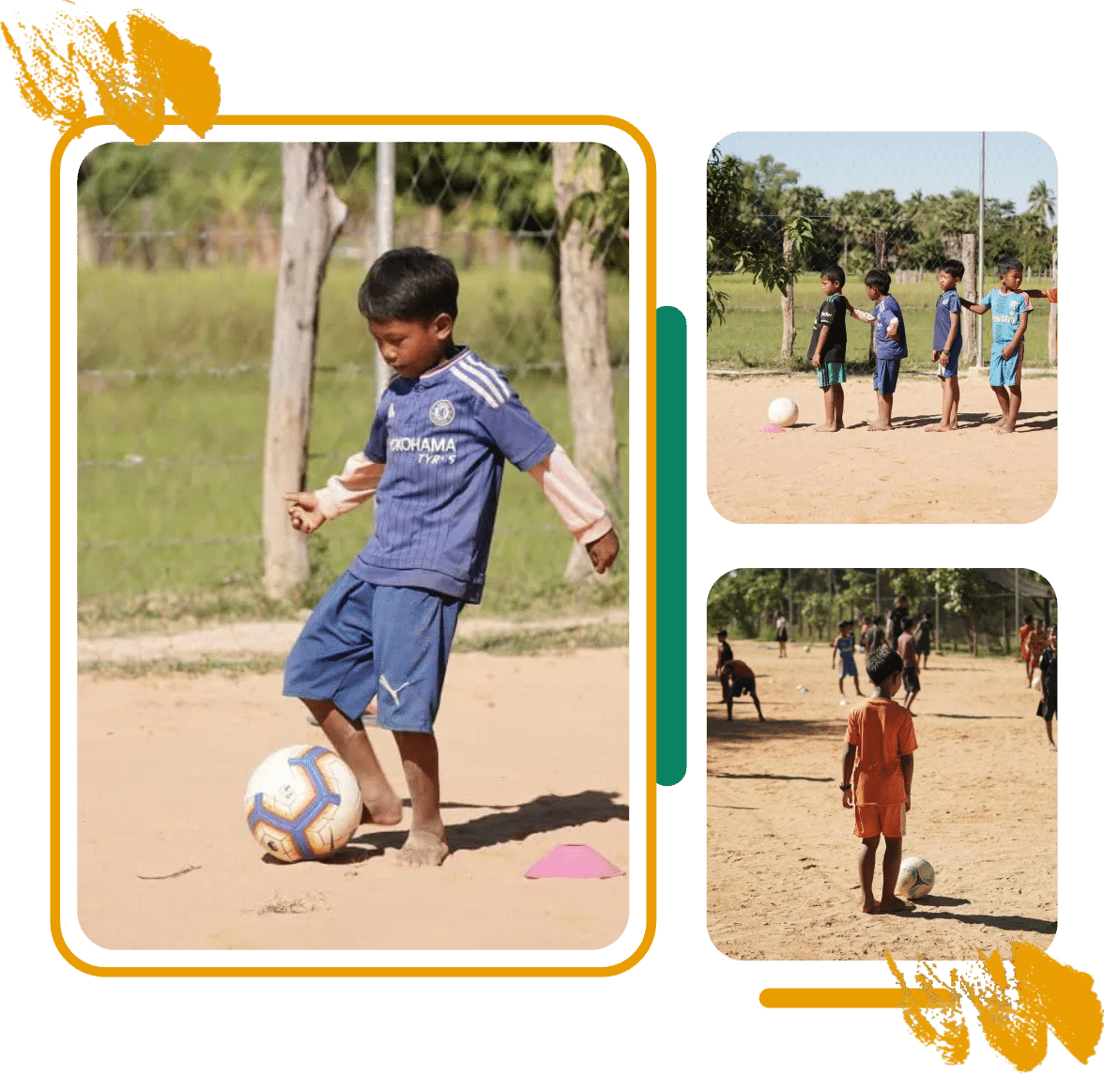 Children practising football skills on a dirt pitch during a village sports session in rural Cambodia Children practising football skills on a dirt pitch during a village sports session in rural Cambodia