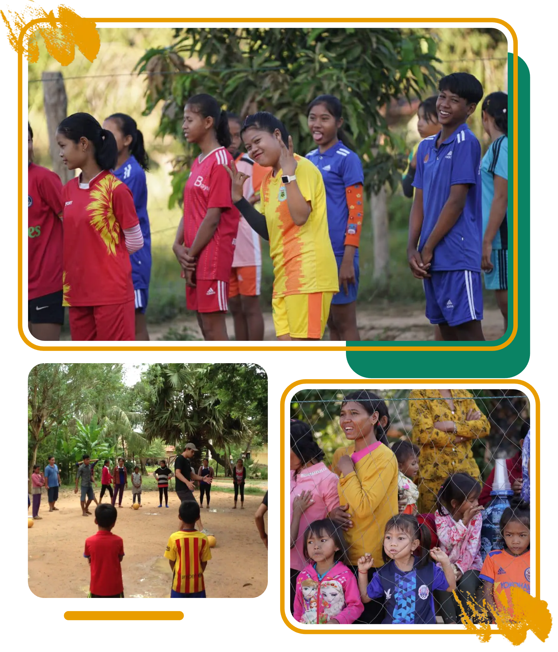 Girls lining up for a match, a coach leading a village game and families watching community sport in Cambodia Girls lining up for a match, a coach leading a village game and families watching community sport in Cambodia
