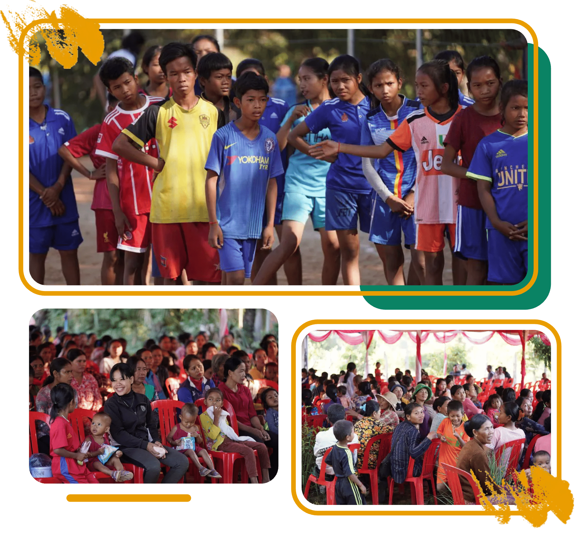Children lined up for a match and families watching a community sports event in rural Cambodia Children lined up for a match and families watching a community sports event in rural Cambodia