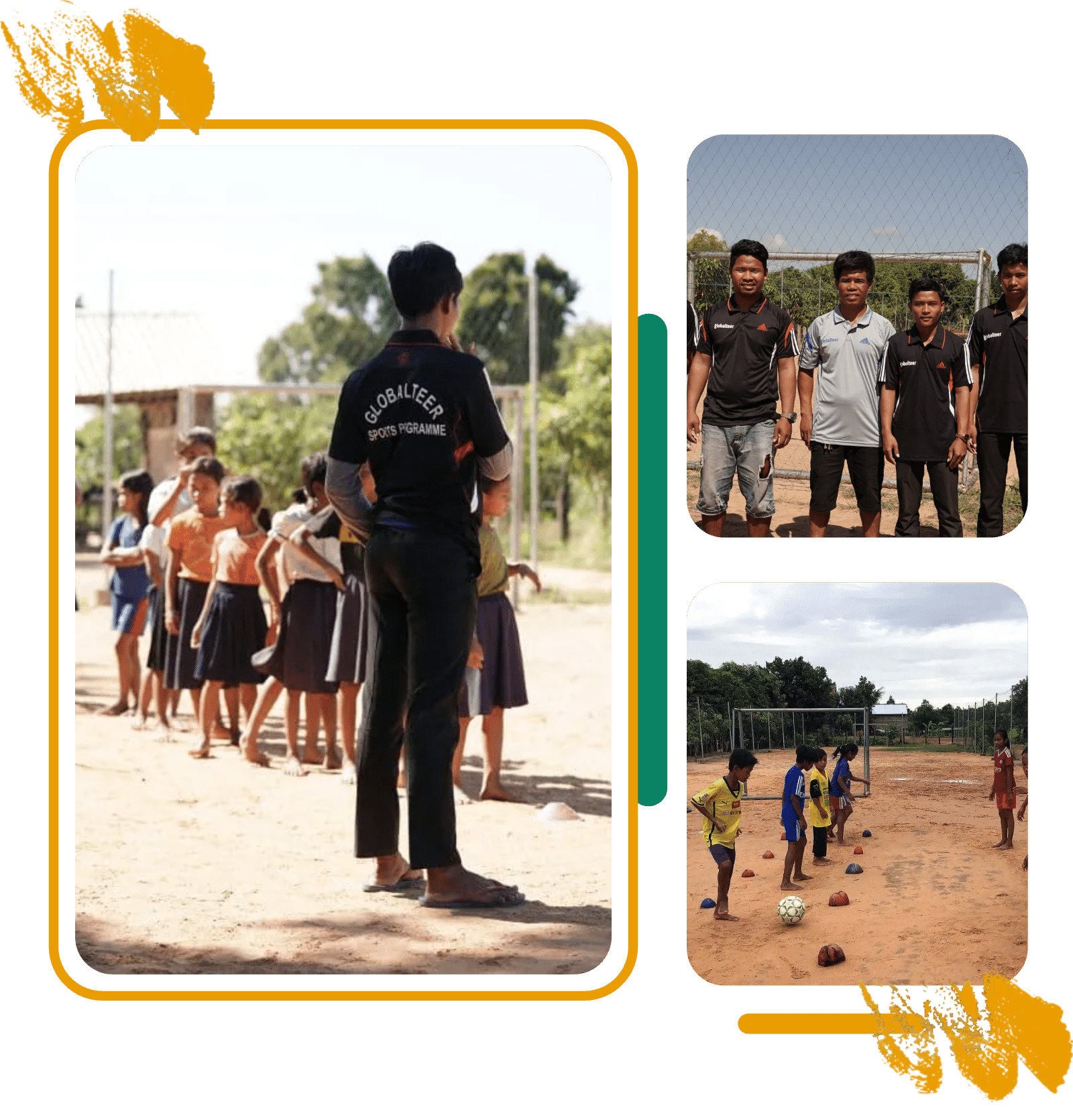 A Globalteer coach leading children, the local coaching team and a football drills session in Siem Reap A Globalteer coach leading children, the local coaching team and a football drills session in Siem Reap