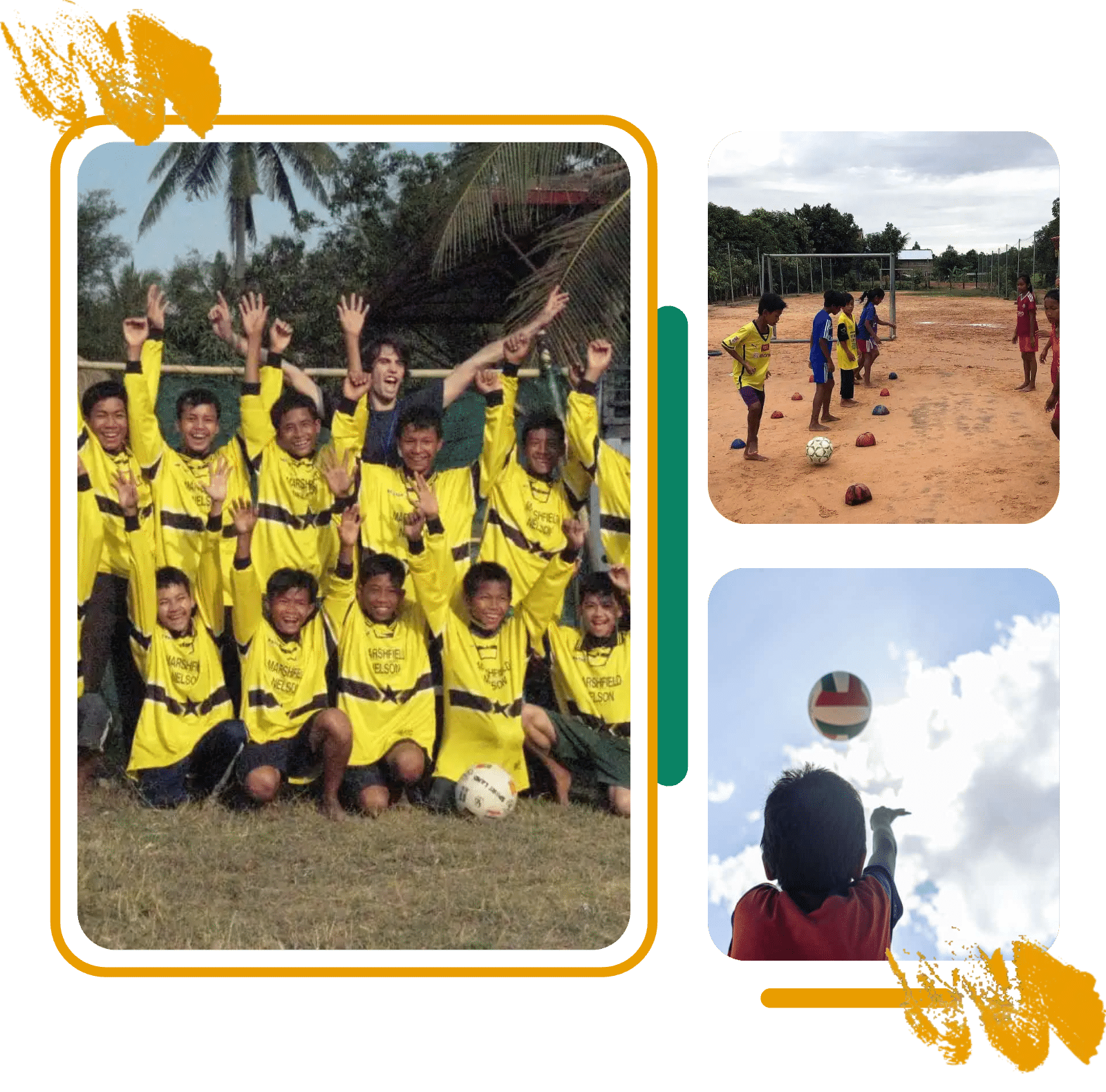 How to Donate Sports Equipment Cambodian football team in yellow shirts, training drill with balls and a child throwing a volleyball