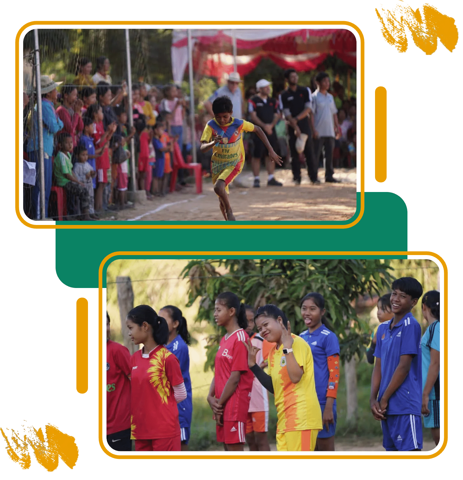A boy running at a sports festival and girls lining up for a match in Cambodia A boy running at a sports festival and girls lining up for a match in Cambodia