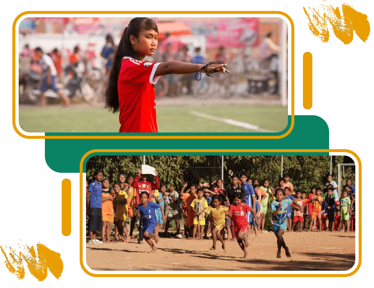 A girl directing a match and children racing at a sports event in Cambodia A girl directing a match and children racing at a sports event in Cambodia