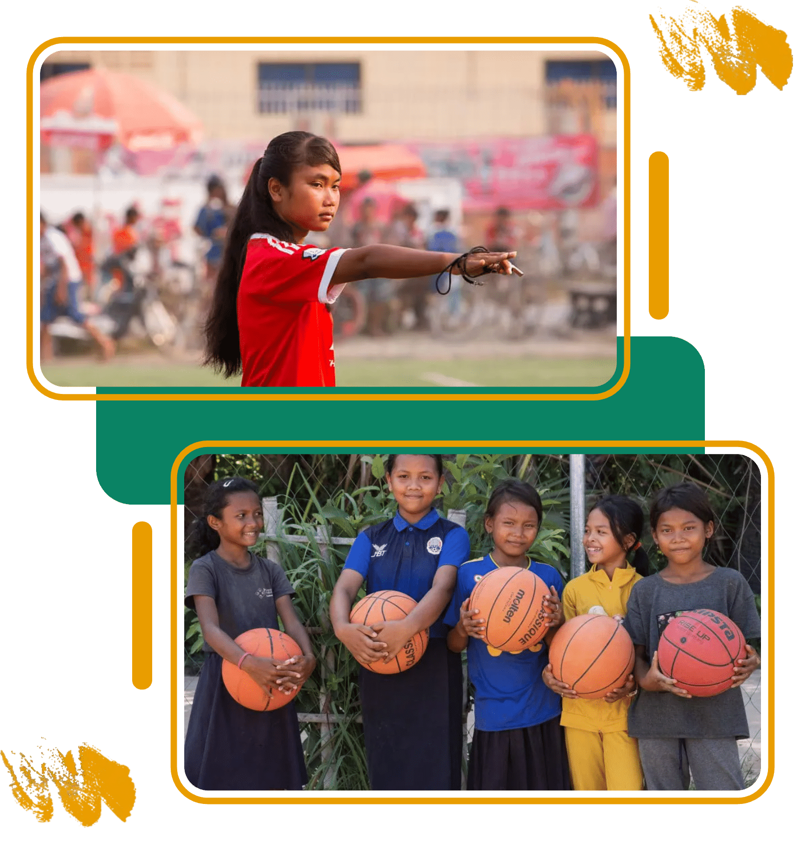 Girls Becoming Champions Girls from the Goals for Girls team in Cambodia holding basketballs and leading at a sports festival