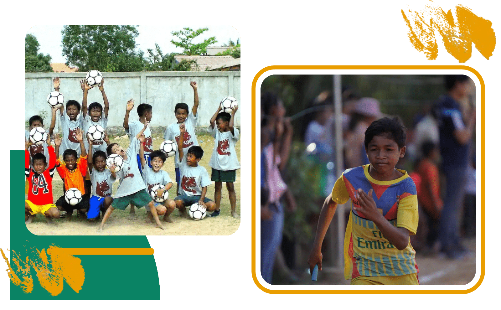 Help a Child Become a Champion Cheering football team and a young runner at a Globalteer sports event in Cambodia