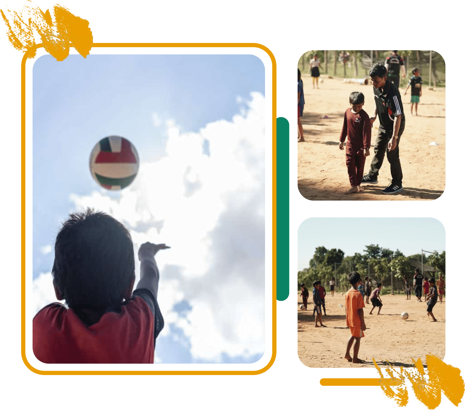 A boy reaching for a volleyball, a coach with children and a village football session in Siem Reap A boy reaching for a volleyball, a coach with children and a village football session in Siem Reap