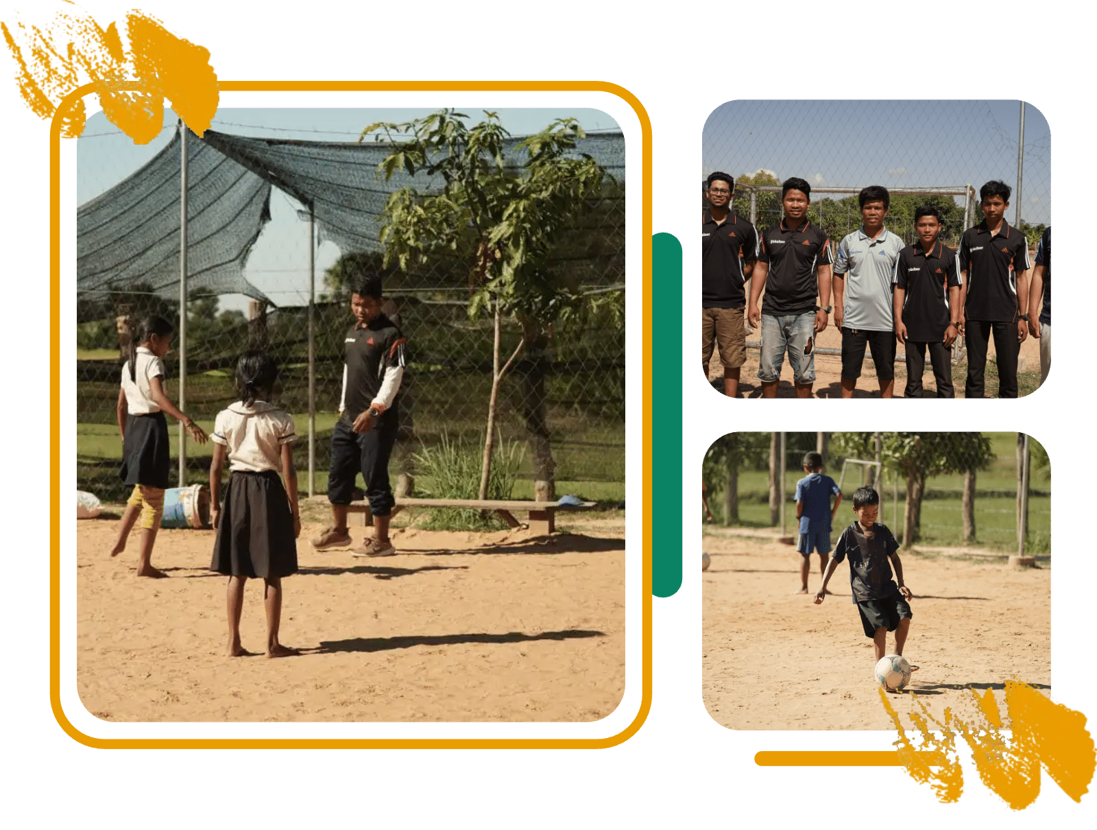 A coach leading a session, the local coaching team and a boy dribbling a ball in Siem Reap A coach leading a session, the local coaching team and a boy dribbling a ball in Siem Reap