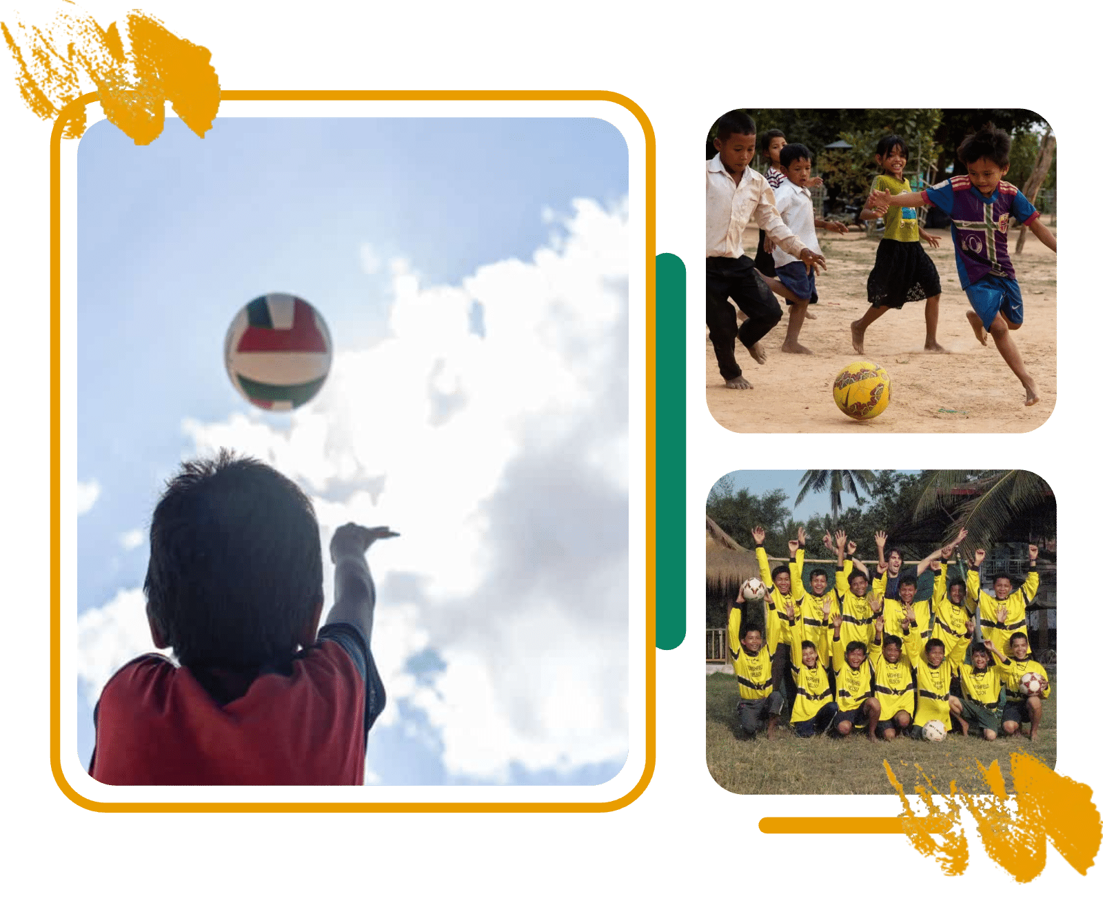 A boy reaching for a volleyball, children playing football and a team celebrating in Cambodia A boy reaching for a volleyball, children playing football and a team celebrating in Cambodia