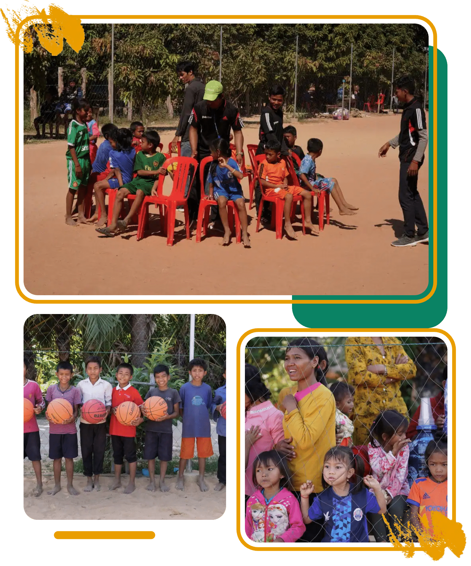 Children seated with coaches, children holding basketballs and families watching sport in rural Cambodia Children seated with coaches, children holding basketballs and families watching sport in rural Cambodia