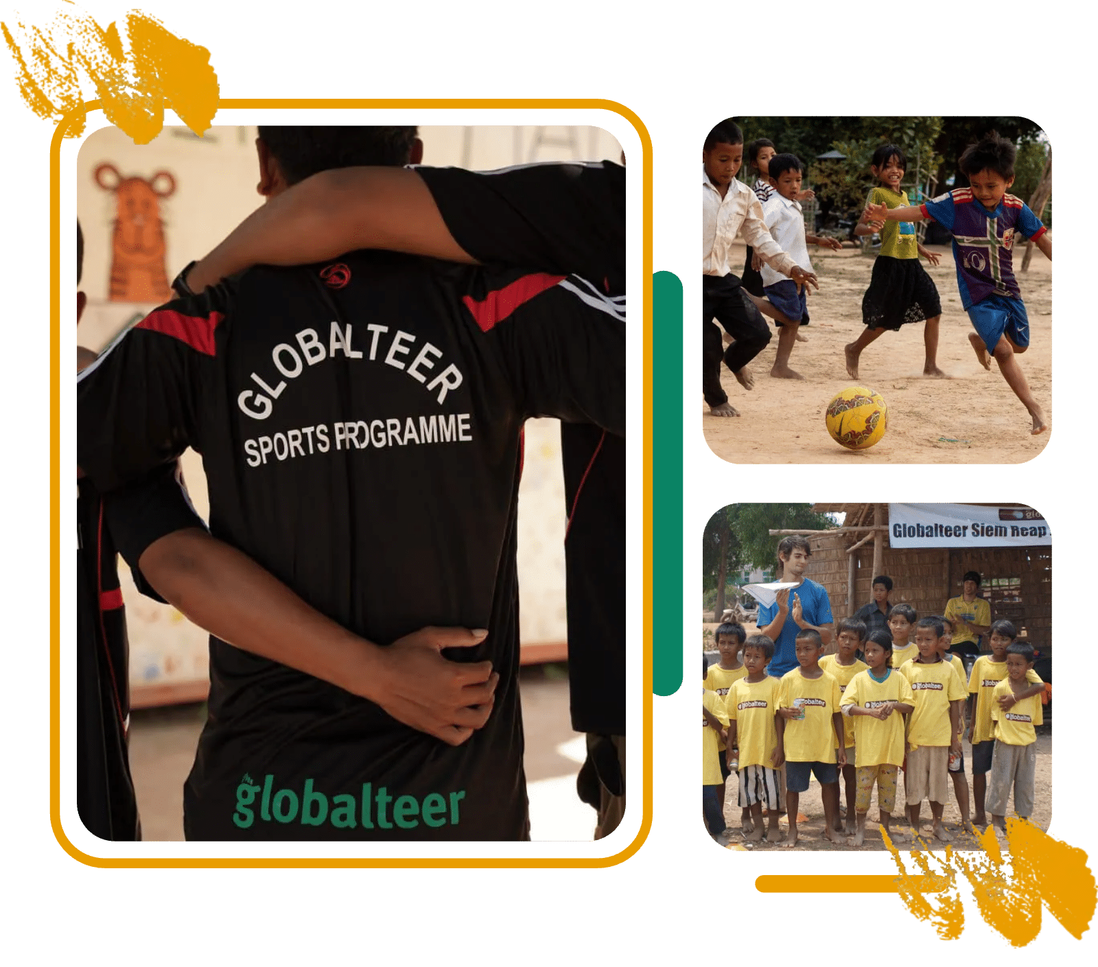 Sponsor sports shirts for children in Cambodia A coach in a Globalteer Sports Programme shirt, children playing football and a team in sponsored shirts