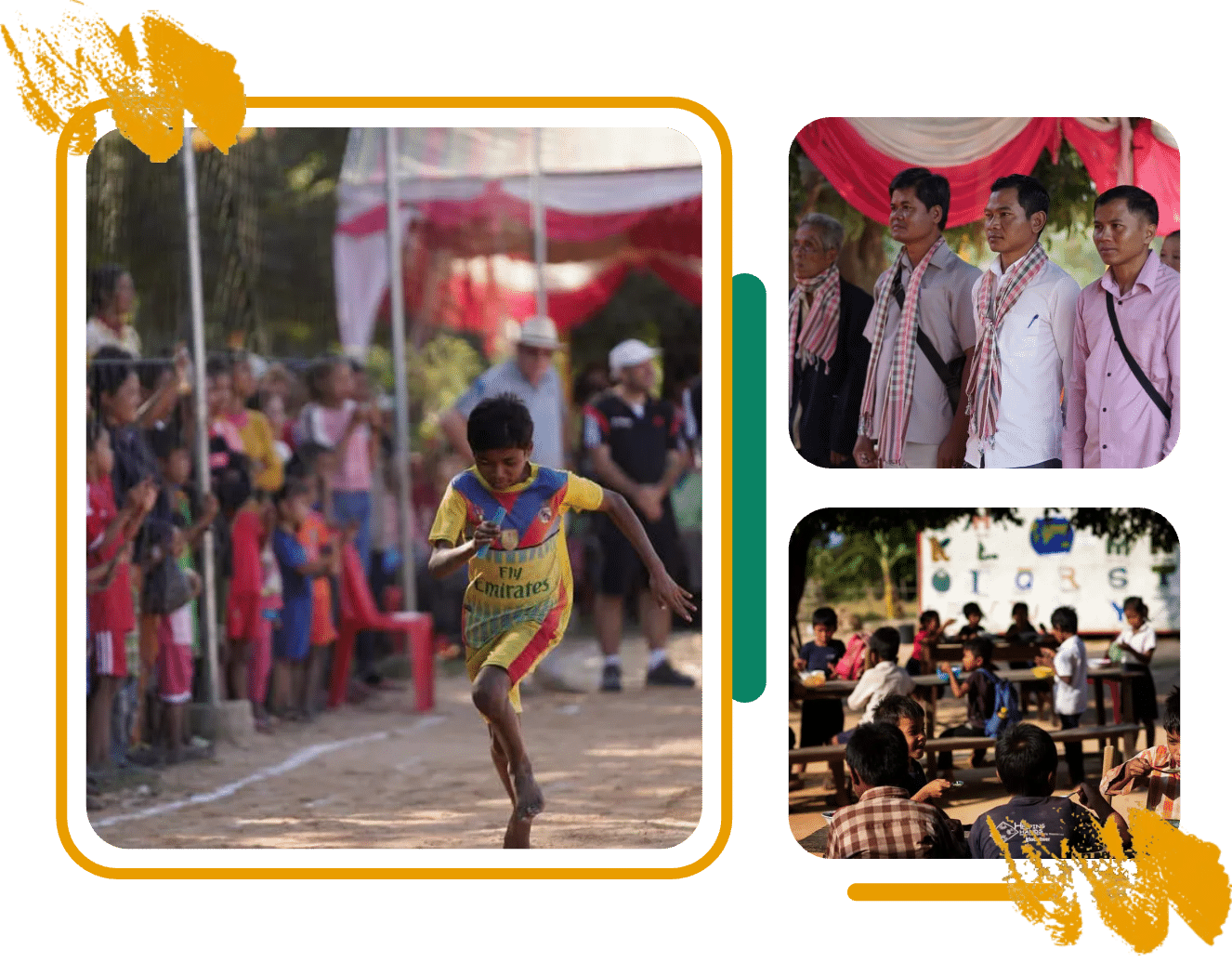 A boy running at a sports festival, community leaders and children learning outdoors in Cambodia A boy running at a sports festival, community leaders and children learning outdoors in Cambodia