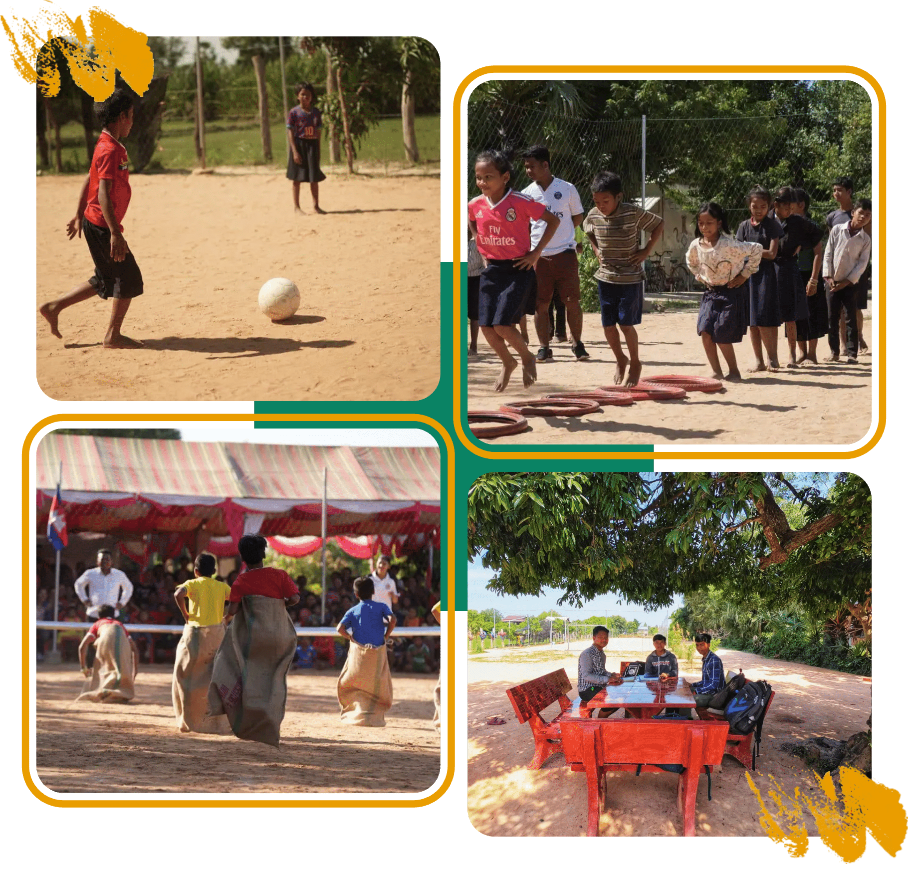 Children playing football, team games and sack races, and coaches meeting outdoors in Siem Reap Children playing football, team games and sack races, and coaches meeting outdoors in Siem Reap