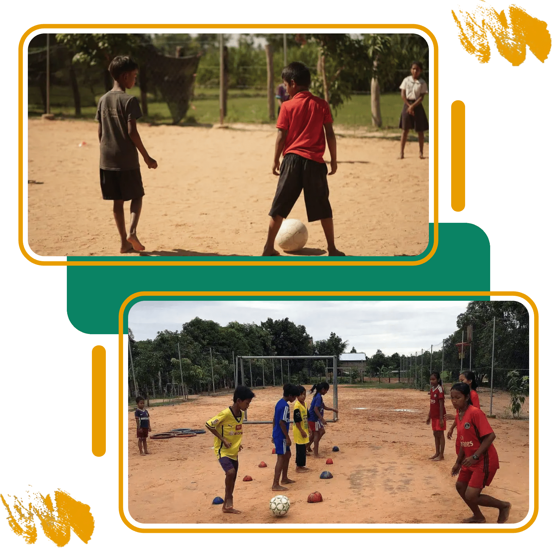 Children practising football skills during coached sessions in rural Cambodia Children practising football skills during coached sessions in rural Cambodia