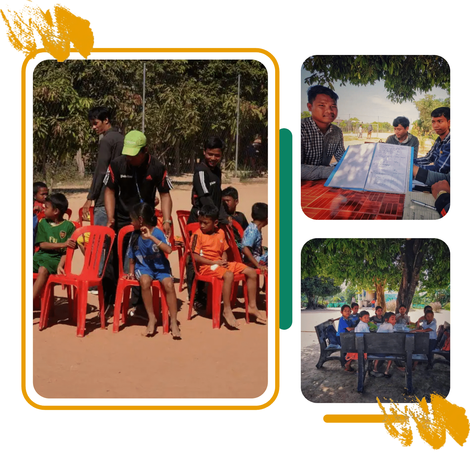 Children seated with Globalteer coaches during a sports for social impact session in rural Cambodia Children seated with Globalteer coaches during a sports for social impact session in rural Cambodia