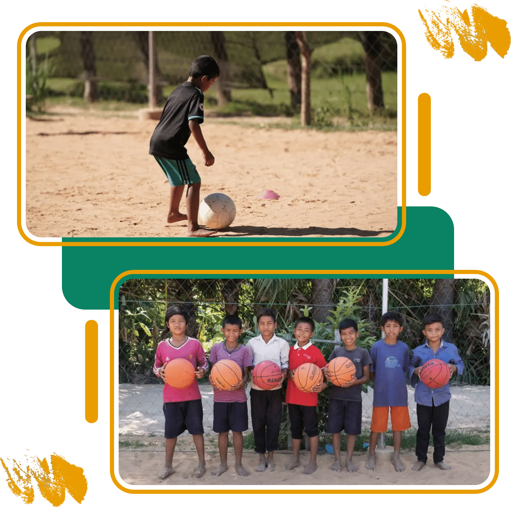 A boy practising football skills and children holding basketballs in rural Cambodia A boy practising football skills and children holding basketballs in rural Cambodia