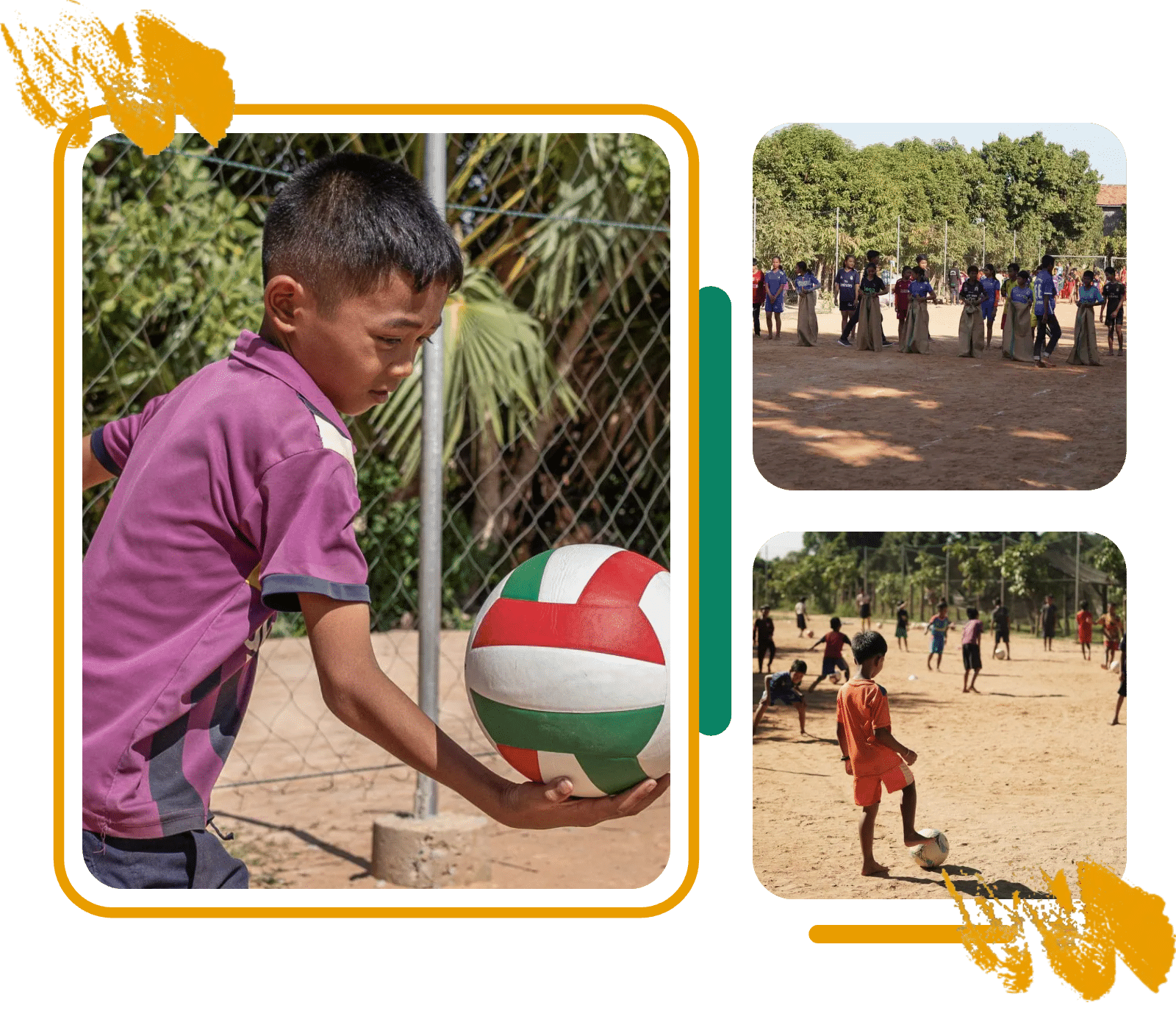 A boy holding a volleyball, children in a sack race and a village football session in Siem Reap A boy holding a volleyball, children in a sack race and a village football session in Siem Reap