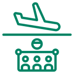 Outline icon of a plane landing above airport seating