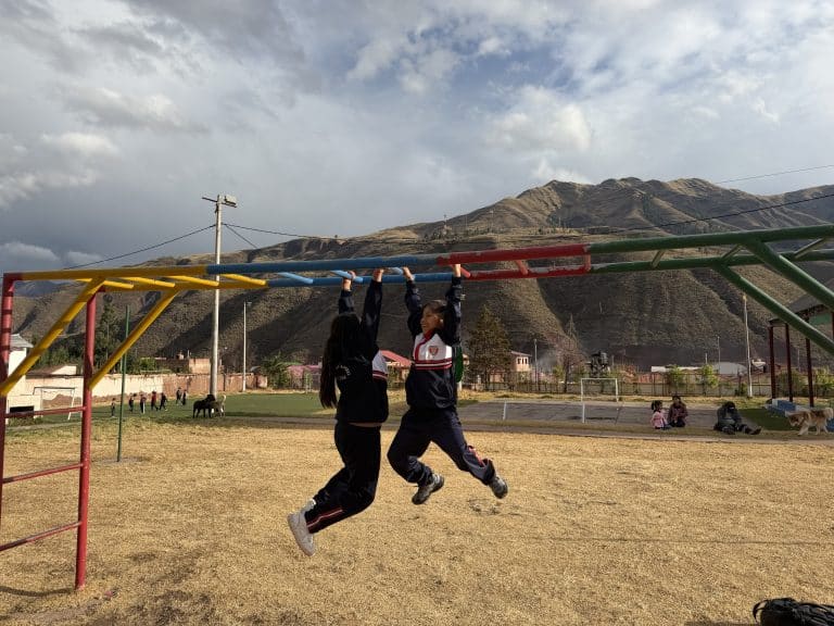 Two children hanging from the bars in the Picaflor House playground