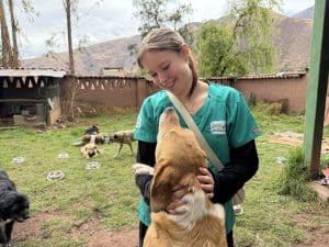 Female volunteer in green scrubs hugging a dog in the shelter yard