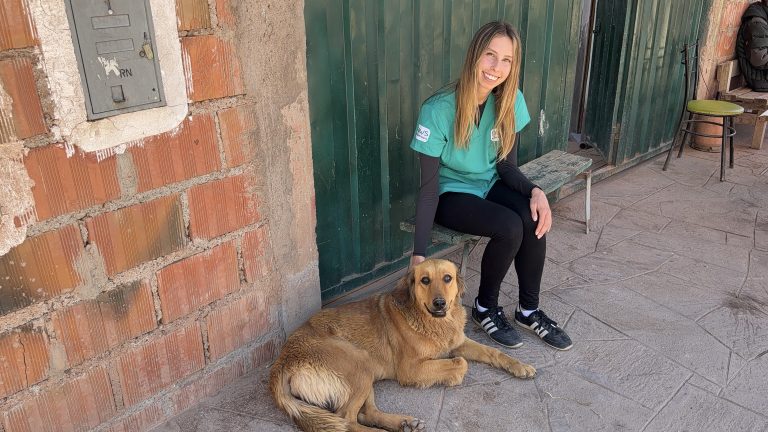 PAWS Peru volunteer in teal scrubs sitting by a wall with a golden dog lying beside her