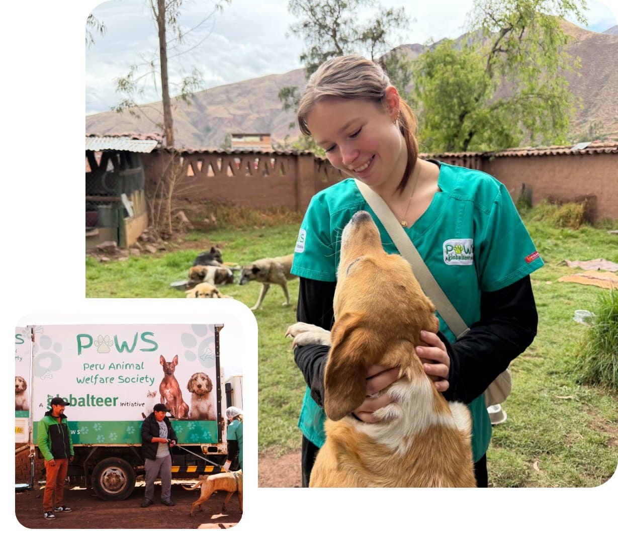 A volunteer hugging a rescued dog in Cusco, and the PAWS mobile clinic treating dogs in a village near Cusco, Peru