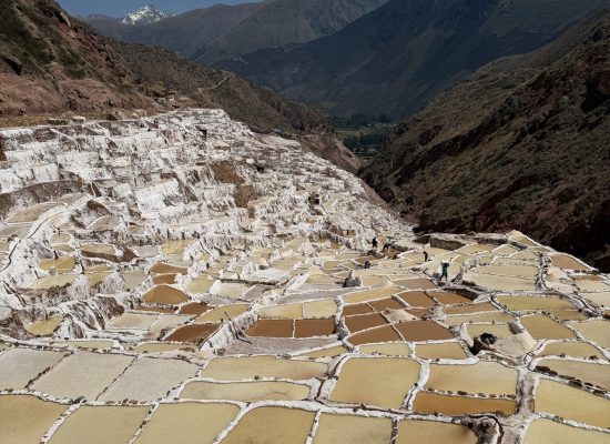 Terraced salt pools of the Maras salt mines in the Sacred Valley, Peru"