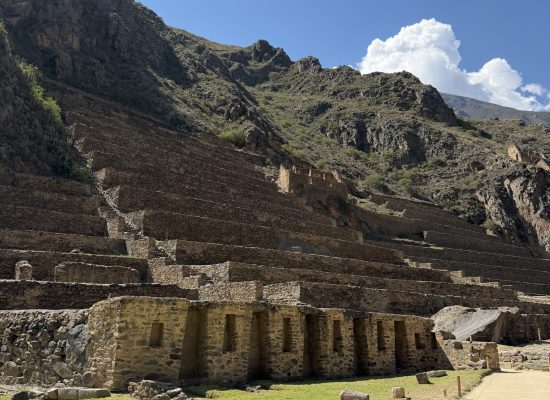 Inca terraces and stone buildings at Ollantaytambo in the Sacred Valley"