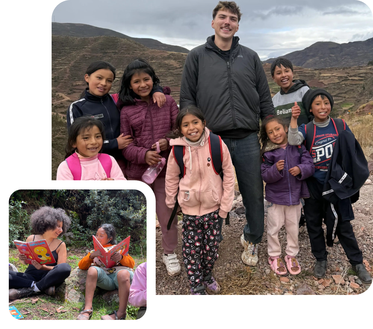 A volunteer with children from the mobile library project in the hills near Cusco, and a volunteer reading with a child at Picaflor House, Peru