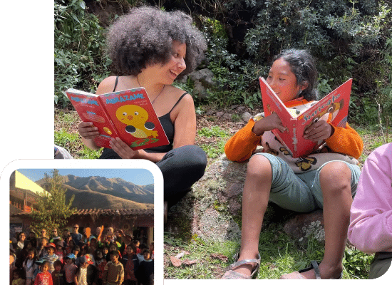 A volunteer reading with a child, and volunteers with children at Picaflor House in Cusco, Peru"